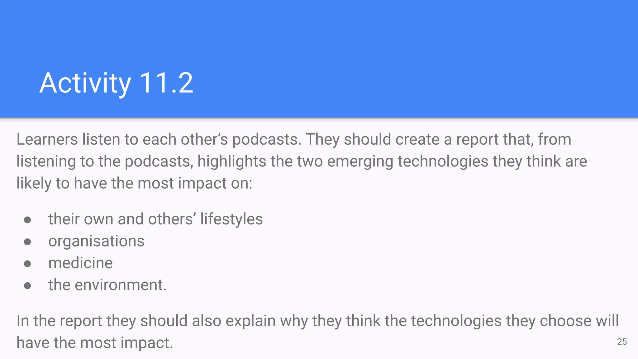 Activity 11.2
Learners listen to each other’s podcasts. They should create a report that, from
listening to the podcasts, highlights the two emerging technologies they think are
likely to have the most impact on:
● their own and others’ lifestyles
● organisations
● medicine
● the environment.
In the report they should also explain why they think the technologies they choose will
have the most impact. 25
 