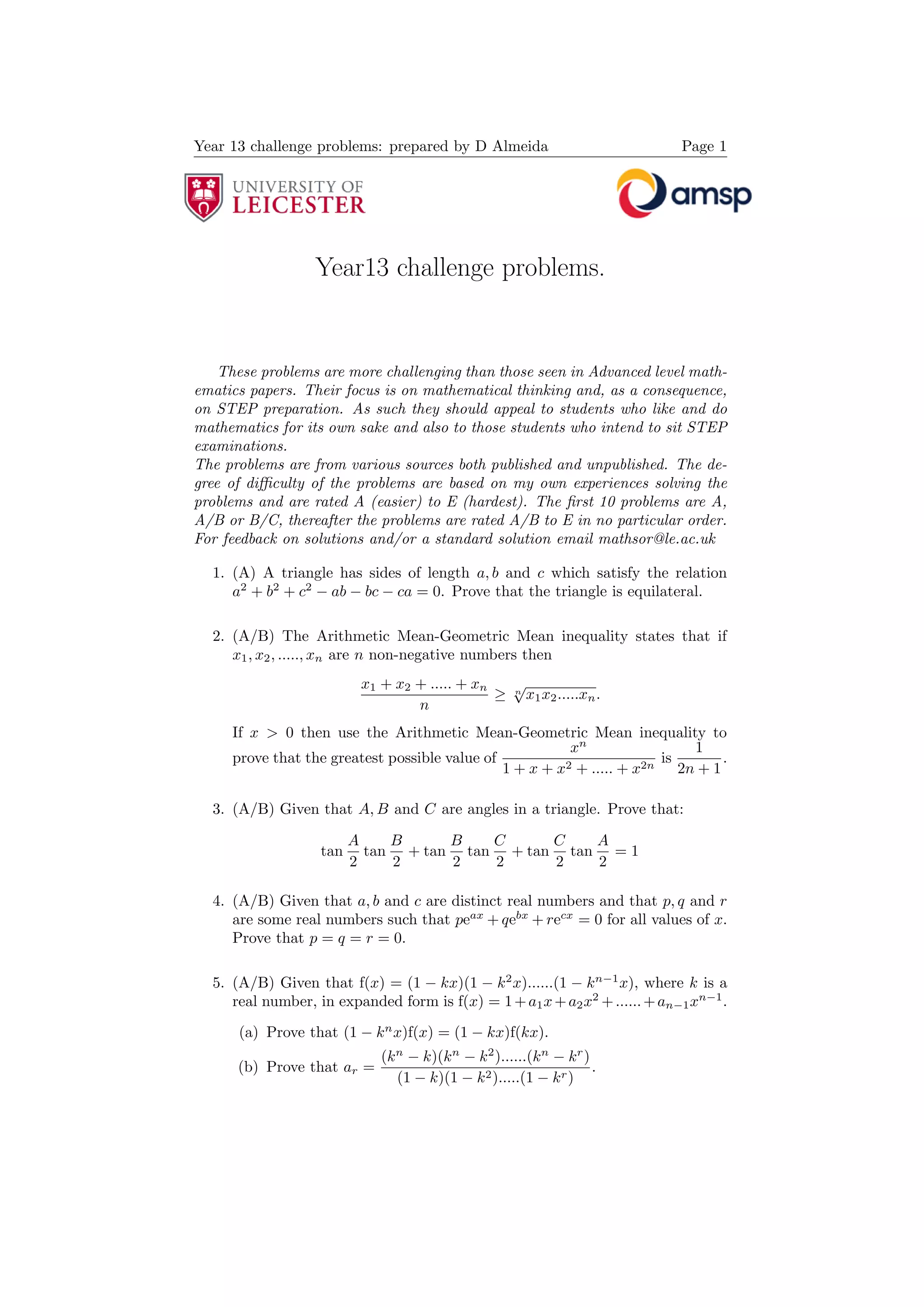 Year 13 challenge mathematics problems 107 | PDF