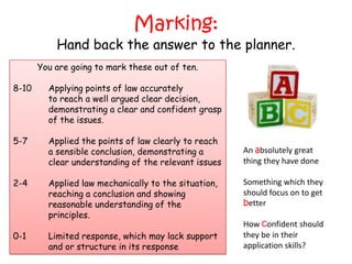Marking:
           Hand back the answer to the planner.
       You are going to mark these out of ten.

8-10     Applying points of law accurately
         to reach a well argued clear decision,
         demonstrating a clear and confident grasp
         of the issues.

5-7      Applied the points of law clearly to reach
         a sensible conclusion, demonstrating a       An absolutely great
         clear understanding of the relevant issues   thing they have done

2-4      Applied law mechanically to the situation,   Something which they
         reaching a conclusion and showing            should focus on to get
         reasonable understanding of the              better
         principles.
                                                      How confident should
0-1      Limited response, which may lack support     they be in their
         and or structure in its response             application skills?
 