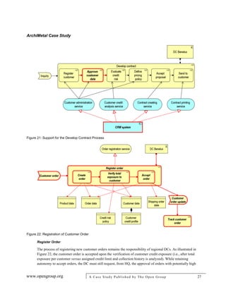 ArchiMetal Case Study
www.opengroup.org A Case Study Published by The Open Group 27
Figure 21: Support for the Develop Contract Process
Figure 22: Registration of Customer Order
Register Order
The process of registering new customer orders remains the responsibility of regional DCs. As illustrated in
Figure 22, the customer order is accepted upon the verification of customer credit exposure (i.e., after total
exposure per customer versus assigned credit limit and collection history is analyzed). While retaining
autonomy to accept orders, the DC must still request, from HQ, the approval of orders with potentially high
 