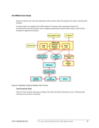 ArchiMetal Case Study
www.opengroup.org A Case Study Published by The Open Group 28
payment collection risk. Upon the registration of the customer order, the tracking of its status is automatically
initiated.
Customer orders are managed in the CRM module for Customer order management (Figure 23).
Communication with other systems such as shipping regarding the customer order is done via the EAI bus
through new application interfaces.
Figure 23: Application Usage by Register Order Process
Track Customer Order
The new Track customer order process (Figure 24) realizes the Order information service, which provides
order status to customers in real time.
 