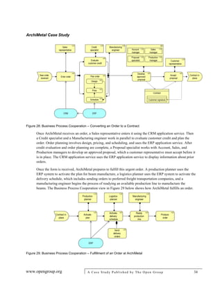 ArchiMetal Case Study
www.opengroup.org A Case Study Published by The Open Group 34
Figure 28: Business Process Cooperation – Converting an Order to a Contract
Once ArchiMetal receives an order, a Sales representative enters it using the CRM application service. Then
a Credit specialist and a Manufacturing engineer work in parallel to evaluate customer credit and plan the
order. Order planning involves design, pricing, and scheduling, and uses the ERP application service. After
credit evaluation and order planning are complete, a Proposal specialist works with Account, Sales, and
Production managers to develop an approved proposal, which a customer representative must accept before it
is in place. The CRM application service uses the ERP application service to display information about prior
orders.
Once the form is received, ArchiMetal prepares to fulfill this urgent order. A production planner uses the
ERP system to activate the plan for beam manufacture, a logistics planner uses the ERP system to activate the
delivery schedule, which includes sending orders to preferred freight transportation companies, and a
manufacturing engineer begins the process of readying an available production line to manufacture the
beams. The Business Process Cooperation view in Figure 29 below shows how ArchiMetal fulfills an order.
Figure 29: Business Process Cooperation – Fulfillment of an Order at ArchiMetal
 