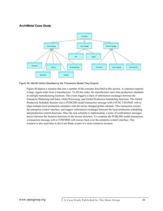 ArchiMetal Case Study
www.opengroup.org A Case Study Published by The Open Group 48
Figure 39: ISA-95 Verbs Classified by the Transaction Model They Support
Figure 40 depicts a scenario that uses a number of the concepts described in this section. A customer requests
a large, urgent order from a manufacturer. To fill this order, the manufacturer must alter production schedules
at multiple manufacturing locations. This event triggers a chain of information exchanges between the
Enterprise Marketing and Sales, Order Processing, and Global Production Scheduling functions. The Global
Production Schedule function uses a PUBLISH model transaction message with a SYNC CHANGE verb to
align multiple local production schedules with the newly changed global schedule. This transaction crosses
the enterprise-control interface, and triggers information exchanges between the local production scheduling
and production control functions. Once the new schedule is implemented, a series of confirmation messages
moves between the business functions in the reverse direction. To complete the PUBLISH model transaction,
a transaction message with a CONFIRM verb crosses back over the enterprise-control interface. This
scenario is also used later in this Case Study as part of a more extensive scenario.
 