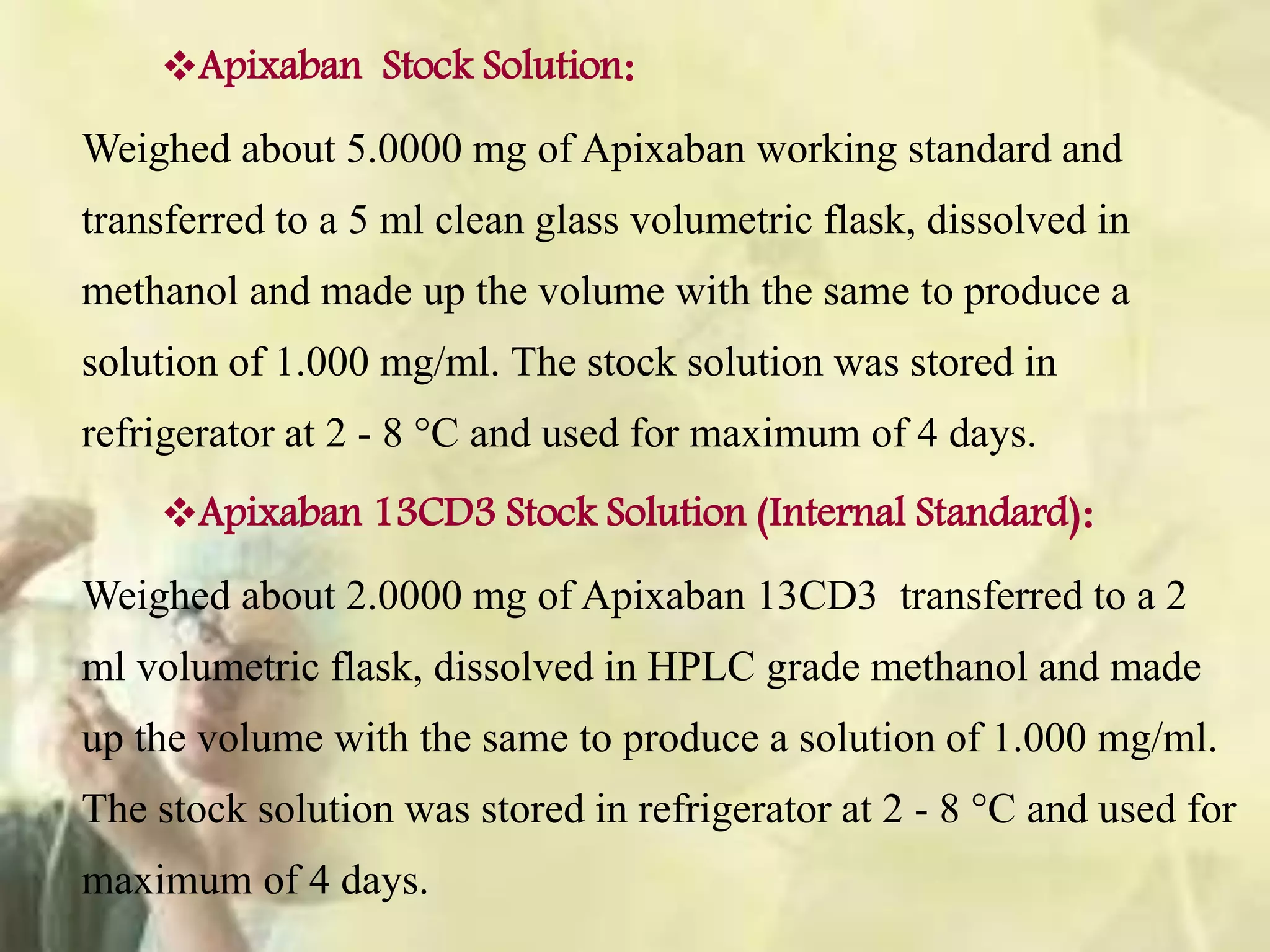Apixaban Stock Solution:
Weighed about 5.0000 mg of Apixaban working standard and
transferred to a 5 ml clean glass volumetric flask, dissolved in
methanol and made up the volume with the same to produce a
solution of 1.000 mg/ml. The stock solution was stored in
refrigerator at 2 - 8 °C and used for maximum of 4 days.
Apixaban 13CD3 Stock Solution (Internal Standard):
Weighed about 2.0000 mg of Apixaban 13CD3 transferred to a 2
ml volumetric flask, dissolved in HPLC grade methanol and made
up the volume with the same to produce a solution of 1.000 mg/ml.
The stock solution was stored in refrigerator at 2 - 8 °C and used for
maximum of 4 days.
 