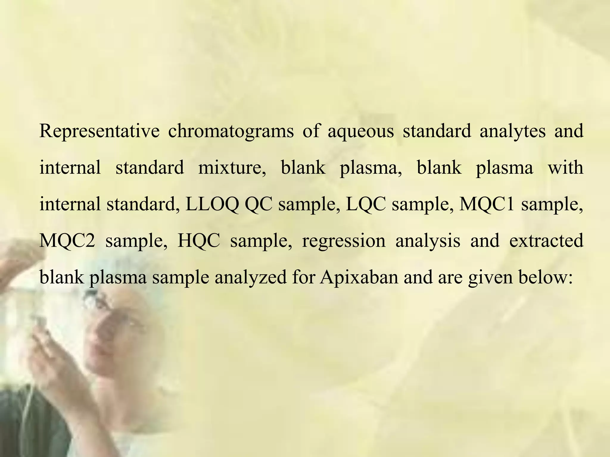 Representative chromatograms of aqueous standard analytes and
internal standard mixture, blank plasma, blank plasma with
internal standard, LLOQ QC sample, LQC sample, MQC1 sample,
MQC2 sample, HQC sample, regression analysis and extracted
blank plasma sample analyzed for Apixaban and are given below:
 