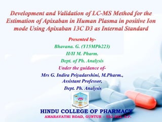 Presented by-
Bhavana. G. (Y15MPh223)
II/II M. Pharm.
Dept. of Ph. Analysis
Under the guidance of-
Mrs G. Indira Priyadarshini, M.Pharm.,
Assistant Professor,
Dept. Ph. Analysis
HINDU COLLEGE OF PHARMACY
AMARAVATHI ROAD, GUNTUR – 522 002, A.P.
 