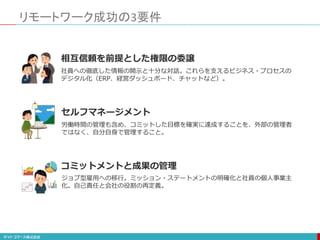 リモートワーク成功の3要件
セルフマネージメント
コミットメントと成果の管理
相互信頼を前提とした権限の委譲
労働時間の管理も含め、コミットした目標を確実に達成することを、外部の管理者
ではなく、自分自身で管理すること。
社員への徹底した情報の開示と十分な対話。これらを支えるビジネス・プロセスの
デジタル化（ERP、経営ダッシュボード、チャットなど）。
ジョブ型雇用への移行。ミッション・ステートメントの明確化と社員の個人事業主
化。自己責任と会社の役割の再定義。
 