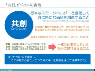 「共創」ビジネスの実践
共創
様々なステークホルダーと協働して
共に新たな価値を創造すること
2004年、米ミシガン大学ビジネススクール教授、C.K.プラハラードとベンカト・ラマスワミの共著
『The Future of Competition: Co-Creating Unique Value With Customers』で提起された概念
Co-Creation
お客様とガチに向きあって、これまでにはなかった
新たなビジネスやビジネスプロセスを生みだすこと
案件をお客様から「もらう」のではなく、新たに「生みだす」
理解：お客様の事業についての知識と考察
技術：お客様が欲しいと願う技術力を蓄積
人格：お客様と価値観を共有し信頼を醸成
一緒に仕事をしたいと
相手に惚れさせること
自分たちがDXを実践し、
その体験から得たノウハウやスキルを模範を通じて提供すること
 