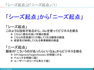 「シーズ起点」
このような技術があるから、コレを使ってビジネスを創る
 こちらに都合の良い市場の創造
 こちらの思惑通りに行動してくれる顧客の創造
 経営者が納得してくれる事業戦略の創造
「シーズ起点」から「ニーズ起点」
「ニーズ起点」
顧客の「こういうのがあったらいいなぁ」からビジネスを創る
 STP（Segment/Target/Position）を明確にする
 ペルソナを明確に描く
 ユーザーへのリーチも考えて描く
「シーズ起点」と「ニーズ起点」（１）
 