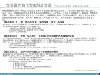 世界最先端IT国家創造宣言 （平成25年6月14日策定〜平成28年5月20日改訂）
233
【重点項目１】 国・地方のIT 化・業務改革（BPR）の推進
国におけるこれまでの行政情報システム改革の取組を更に徹底するとともに、その成果を全国に横展開することで、国全体として、限り
ある財源を新たな施策に投資するサイクルを構築する。
(１) 国のIT 化・業務改革（BPR）の更なる推進
(２) 地方公共団体のIT 化・業務改革（BPR）の推進
(３) ガバナンス体制の強化
【重点項目２】 安全・安心なデータ流通と利活用のための環境の整備
IoT（Internet of Things）、人工知能（AI：Artificial Intelligence）などの技術の進展とともに、データの流通と利活用が、我が国の持
続的な経済成長、超少子高齢社会における諸課題の解決をもたらす重要な鍵であることから、重点項目１の取組により捻出された財源も
活用しつつ、データの流通と利活用のための環境整備について、技術面・制度面の両面から推進する。
(１) 利用者志向のデータ流通基盤の構築
(２) データ流通の円滑化と利活用の促進
(３) 課題解決のためのオープンデータの「実現」（オープンデータ2.0）
【重点項目３】 超少子高齢社会における諸課題の解決
重点項目１及び２の取組を図りつつ、我が国が直面する超少子高齢社会における諸課題を解決するための具体的な取組として、その実現
を目指すとともに、さらに、その成果について「国から地方へ」、「地方から全国へ」と横展開を図る。
(１) ビッグデータを活用した社会保障制度の変革
(２) マイナンバー制度等を活用した子育て行政サービスの変革
(３) IT 利活用による諸課題の解決に資する取組
① 産業競争力の強化
② 地方創生の実現
③ マイナンバー制度を活用した国民生活の利便性の向上
④ 安全で災害に強い社会の実現
情報通信技術（IT）は力強い経済成長を実現するための鍵であるとともに、我が国の社会を抜本的に変革し、
安全・安心・快適な国民生活を実現するための重要なツールである。このような認識の下、政府は、閉塞感を
打破して再生する我が国を牽引することを企図し、世界最高水準のIT 利活用を通じた、安全・安心・快適な
国民生活を実現するため、政府のIT 戦略として平成25 年６月に「世界最先端IT 国家創造宣言」を策定し
た。
http://www.kantei.go.jp/jp/singi/it2/decision.html
 