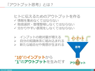 「アウトプット思考」とは？
258
ヒトに伝えるためのアウトプットを作る
 情報を集めなくてはならない
 取捨選択・整理整頓しなくてはならない
 分かりやすい表現をしなくてはならない
 インプットの絶対量が増える
 自分の知識体系に組み込まれる
 新たな組合せや発想が生まれる
“10”のインプットから
”1”のアウトプットを生みだす
インプット
思考
アウトプット
 