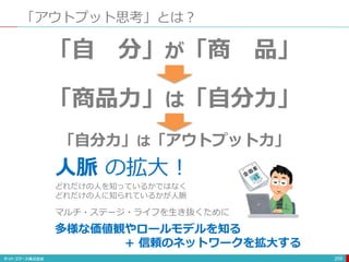 「アウトプット思考」とは？
259
「自 分」が「商 品」
人脈 の拡大！
どれだけの人を知っているかではなく
どれだけの人に知られているかが人脈
「商品力」は「自分力」
「自分力」は「アウトプット力」
マルチ・ステージ・ライフを生き抜くために
多様な価値観やロールモデルを知る
+ 信頼のネットワークを拡大する
 