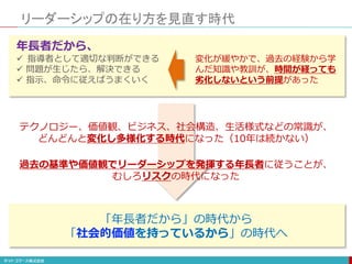 リーダーシップの在り方を見直す時代
年長者だから、
 指導者として適切な判断ができる
 問題が生じたら、解決できる
 指示、命令に従えばうまくいく
変化が緩やかで、過去の経験から学
んだ知識や教訓が、時間が経っても
劣化しないという前提があった
テクノロジー、価値観、ビジネス、社会構造、生活様式などの常識が、
どんどんと変化し多様化する時代になった（10年は続かない）
過去の基準や価値観でリーダーシップを発揮する年長者に従うことが、
むしろリスクの時代になった
「年長者だから」の時代から
「社会的価値を持っているから」の時代へ
 