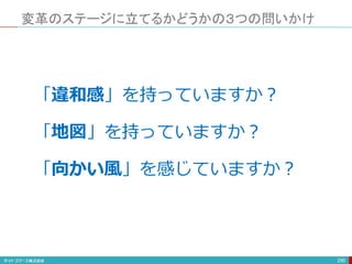 変革のステージに立てるかどうかの３つの問いかけ
290
「違和感」を持っていますか？
「地図」を持っていますか？
「向かい風」を感じていますか？
 