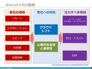 WithコロナのSI戦略
リモート
コラボレーション
スピード
非接触
投資抑制
クラウド
シフト
心理的安全性
と透明性
ペーパーレスと
デジタル・ワークプレイス
ゼロ・トラスト
ERP
変化の導因 注力すべき領域変化への対処
https://www.netcommerce.co.jp/blog/2020/04/19/15358
 
