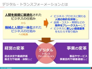 デジタル・トランスフォーメーションとは
 ビジネス･プロセスに関わる
人間の制約を排除し
 品質・コスト・期間などの
限界をブレークスルーして
 ビジネスに新しい価値基準
をもたらす取り組み
人間を前提に最適化された
ビジネスの仕組み
から
機械と人間が一体化された
ビジネスの仕組み
への転換
意志決定や業績評価
働き方や組織・体制など
デジタル
トランス
フォーメーション 製品やサービス
事業目的や顧客価値など
経営の変革 事業の変革
 