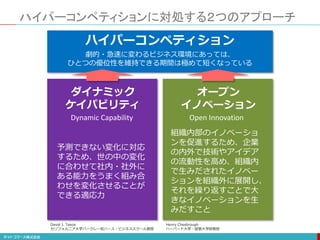 ハイパーコンペティションに対処する２つのアプローチ
不確実性の増大ハイパーコンペティション
劇的・急速に変わるビジネス環境にあっては、
ひとつの優位性を維持できる期間は極めて短くなっている
ダイナミック
ケイパビリティ
予測できない変化に対応
するため、世の中の変化
に合わせて社内・社外に
ある能力をうまく組み合
わせを変化させることが
できる適応力
オープン
イノベーション
組織内部のイノベーショ
ンを促進するため、企業
の内外で技術やアイデア
の流動性を高め、組織内
で生みだされたイノベー
ションを組織外に展開し、
それを繰り返すことで大
きなイノベーションを生
みだすこと
David J. Teece
カリフォルニア大学バークレー校ハース・ビジネススクール教授
Henry Chesbrough
ハーバード大学・経営大学院教授
Dynamic Capability Open Innovation
 