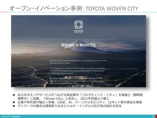 オープン・イノベーション事例：TOYOTA WOVEN CITY
72
 あらゆるモノやサービスがつながる実証都市「コネクティッド・シティ」を東富士（静岡県
裾野市）に設置。「Woven City」と命名し、2021年初頭より着工
 企業や研究者が幅広く参画、CASE、AI、パーソナルモビリティ、ロボット等の実証を実施
 デンマークの著名な建築家であるビャルケ・インゲルス氏が街の設計を担当
 