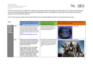 Salford City College 
Eccles Sixth Form Centre 
BTEC Extended Diploma in GAMES DESIGN 
Unit 73: Sound For Computer Games 
IG2 Task 1 
1 
Produce a glossary of terms specific to the methods and principles of Video Game Design and Video Game Terms. Using a provided template, 
you must research and gather definitions specific to provided glossary terms. Any definitions must be referenced with the URL link of the 
website you have obtained the definition. 
You must also, where possible, provide specific details of how researched definitions relate to your own production practice. 
Name: RESEARCHED DEFINITION (provide short 
internet researched definition and URL 
link) 
DESCRIBE THE RELEVANCE OF THE 
RESEARCHED TERM TO YOUR 
OWN PRODUCTION PRACTICE? 
IMAGE SUPPORT (Provide an image and/or video link of 
said term being used in a game) 
VIDEO 
GAMES 
/ VIDEO 
GAME 
TESTING 
Demo (Demo (video games)) A game demo is a freely 
distributed demonstration or preview of an 
upcoming or recently released video game. 
Demos are typically released by the game's 
publisher to help consumers get a feel of the 
game before deciding whether to buy the full 
version. 
http://en.wikipedia.org/wiki/Game_demo 
If we make a demo of our game we can 
show others a quick snip-it of our 
creation. This will help generate buzz 
and hopefully grantee buyers. 
https://www.youtube.com/watch?v=rgFnJ6Ek7W8 
Beta Beta's are just a test for developers. 
They want to see how well their game 
works when randoms are playing it, 
find out if they got anything wrong 
before they sell it ect. 
Some betas do look at your playing 
habits inside the game, and send 
details on your playing back to the 
developer. It lets them check whether 
you’re playing the game the way they 
intended. A large amount of beta 
feedback is also relayed through 
forums and questionnaires. You can 
We could place our game into beta and 
allow people to play our game and tell 
us what they think. This will help with 
finding bugs and it will also help us get 
an idea of what people think of our 
game. 
https://www.youtube.com/watch?v=g5TuhL2VfIM 
 