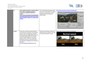 Salford City College 
Eccles Sixth Form Centre 
BTEC Extended Diploma in GAMES DESIGN 
Unit 73: Sound For Computer Games 
IG2 Task 1 
13 
UI User interface design in games differs 
from other UI design because it 
involves an additional element -- 
fiction. 
http://www.gamasutra.com/blogs/An 
thonyStonehouse/20140227/211823/ 
User_interface_design_in_video_gam 
es.php 
This is the first place the player comes 
into contact with the game. This will be 
useful to us so that we can create an 
appeling interface that keeps the 
player playing. 
https://www.youtube.com/watch?v=EOX6itCuKOc 
Frames Frame rate, also known as frame frequency 
and frames per second (FPS), is the frequency 
(rate) at which an imaging device produces 
unique consecutive images called frames. The 
term applies equally well to film and video 
cameras, computer graphics, and motion 
capture systems. Frame rate is most often 
expressed in frames per second (FPS) and is 
also expressed in progressive scan monitors as 
hertz (Hz). 
http://en.wikipedia.org/wiki/Frame_rate 
These are used to help us monitor the 
speed the game is running at. We hope 
to achieve a solid 60FPS or above. 
https://www.youtube.com/watch?v=dEtiNxlTJ8I 
 