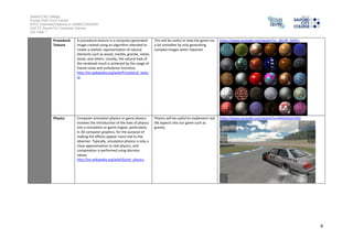 Salford City College 
Eccles Sixth Form Centre 
BTEC Extended Diploma in GAMES DESIGN 
Unit 73: Sound For Computer Games 
IG2 Task 1 
8 
Procedural 
Texture 
A procedural texture is a computer-generated 
image created using an algorithm intended to 
create a realistic representation of natural 
elements such as wood, marble, granite, metal, 
stone, and others. Usually, the natural look of 
the rendered result is achieved by the usage of 
fractal noise and turbulence functions. 
http://en.wikipedia.org/wiki/Procedural_textu 
re 
This will be useful to help the game run 
a lot smoother by only generating 
complex images when required. 
https://www.youtube.com/watch?v=_8CmR_5KXFo 
Physics Computer animation physics or game physics 
involves the introduction of the laws of physics 
into a simulation or game engine, particularly 
in 3D computer graphics, for the purpose of 
making the effects appear more real to the 
observer. Typically, simulation physics is only a 
close approximation to real physics, and 
computation is performed using discrete 
values. 
http://en.wikipedia.org/wiki/Game_physics 
Physics will be useful to implement real 
life aspects into our game such as 
gravity. 
https://www.youtube.com/watch?v=H4ACKAUU3O0 
 