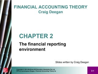 2-1
Copyright © 2014 McGraw-Hill Education (Australia) Pty Ltd
PPTs to accompany Deegan, Financial Accounting Theory 4e
FINANCIAL ACCOUNTING THEORY
Craig Deegan
Slides written by Craig Deegan
CHAPTER 2
The financial reporting
environment
 
