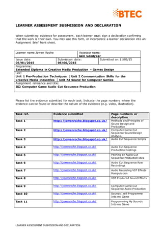 LEARNER ASSESSMENT SUBMISSION AND DECLARATION
LEARNER ASSESSMENT SUBMISSION AND DECLARATION
When submitting evidence for assessment, each learner must sign a declaration confirming
that the work is their own. You may use this form, or incorporate a learner declaration into an
Assignment Brief front sheet.
Learner name:Jowen Roche Assessor name:
Iain Goodyear
Issue date:
06/01/2015
Submission date:
05/06/2015
Submitted on:11/06/15
Programme:
Extended Diploma in Creative Media Production – Games Design
Unit:
Unit 1 Pre-Production Techniques │ Unit 2 Communication Skills for the
Creative Media Industries │ Unit 73 Sound for Computer Games
Assignment reference and title:
IG2 Computer Game Audio Cut Sequence Production
Please list the evidence submitted for each task. Indicate the page numbers where the
evidence can be found or describe the nature of the evidence (e.g. video, illustration).
Task ref. Evidence submitted Page numbers or
description
Task 1 http://jowenroche.blogspot.co.uk/ Methods and Principles of
Sound Design and
Production
Task 2 http://jowenroche.blogspot.co.uk/ Computer Game Cut
Sequence Sound Design
Analysis
Task 3 http://jowenroche.blogspot.co.uk/ Audio Cut Sequence Scripts
Task 4 http://jowenroche.blogspot.co.uk/ Audio Cut Sequence
Production Costings
Task 5 http://jowenroche.blogspot.co.uk/ Pitching an Audio Cut
Sequence Production Idea
Task 6 http://jowenroche.blogspot.co.uk/ Audio Cut Sequence Raw
Recordings
Task 7 http://jowenroche.blogspot.co.uk/ Audio Recording VST Effects
Manipulation
Task 8 http://jowenroche.blogspot.co.uk/ VST Produced Sound Effects
Task 9 http://jowenroche.blogspot.co.uk/ Computer Game Cut
Sequence Audio Production
Task 10 http://jowenroche.blogspot.co.uk/ Sounds I will Programme
Into my Game
Task 11 http://jowenroche.blogspot.co.uk/ Programming My Sounds
Into my Game
 