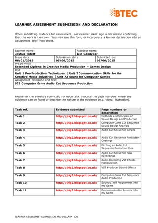 LEARNER ASSESSMENT SUBMISSION AND DECLARATION
LEARNER ASSESSMENT SUBMISSION AND DECLARATION
When submitting evidence for assessment, each learner must sign a declaration confirming
that the work is their own. You may use this form, or incorporate a learner declaration into an
Assignment Brief front sheet.
Learner name:
Joshua Ridett
Assessor name:
Iain Goodyear
Issue date:
06/01/2015
Submission date:
05/06/2015
Submitted on:
05/06/2015
Programme:
Extended Diploma in Creative Media Production – Games Design
Unit:
Unit 1 Pre-Production Techniques │ Unit 2 Communication Skills for the
Creative Media Industries │ Unit 73 Sound for Computer Games
Assignment reference and title:
IG2 Computer Game Audio Cut Sequence Production
Please list the evidence submitted for each task. Indicate the page numbers where the
evidence can be found or describe the nature of the evidence (e.g. video, illustration).
Task ref. Evidence submitted Page numbers or
description
Task 1 http://jrig2.blogspot.co.uk/ Methods and Principles of
Sound Design and Production
Task 2 http://jrig2.blogspot.co.uk/ Computer Game Cut Sequence
Sound Design Analysis
Task 3 http://jrig2.blogspot.co.uk/ Audio Cut Sequence Scripts
Task 4 http://jrig2.blogspot.co.uk/ Audio Cut Sequence Production
Costings
Task 5 http://jrig2.blogspot.co.uk/ Pitching an Audio Cut
Sequence Production Idea
Task 6 http://jrig2.blogspot.co.uk/ Audio Cut Sequence Raw
Recordings
Task 7 http://jrig2.blogspot.co.uk/ Audio Recording VST Effects
Manipulation
Task 8 http://jrig2.blogspot.co.uk/ VST Produced Sound Effects
Task 9 http://jrig2.blogspot.co.uk/ Computer Game Cut Sequence
Audio Production
Task 10 http://jrig2.blogspot.co.uk/ Sounds I will Programme Into
my Game
Task 11 http://jrig2.blogspot.co.uk/ Programming My Sounds Into
my Game
 