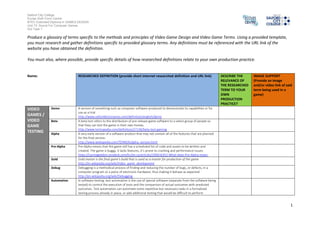 Salford City College 
Eccles Sixth Form Centre 
BTEC Extended Diploma in GAMES DESIGN 
Unit 73: Sound For Computer Games 
IG2 Task 1 
1 
Produce a glossary of terms specific to the methods and principles of Video Game Design and Video Game Terms. Using a provided template, 
you must research and gather definitions specific to provided glossary terms. Any definitions must be referenced with the URL link of the 
website you have obtained the definition. 
You must also, where possible, provide specific details of how researched definitions relate to your own production practice. 
Name: RESEARCHED DEFINITION (provide short internet researched definition and URL link) DESCRIBE THE 
RELEVANCE OF 
THE RESEARCHED 
TERM TO YOUR 
OWN 
PRODUCTION 
PRACTICE? 
IMAGE SUPPORT 
(Provide an image 
and/or video link of said 
term being used in a 
game) 
VIDEO 
GAMES / 
VIDEO 
GAME 
TESTING 
Demo A version of something such as computer software produced to demonstrate its capabilities or for 
use as a trial 
http://www.oxforddictionaries.com/definition/english/demo 
Beta A beta test refers to the distribution of pre-release game software to a select group of people so 
that they can test the game in their own homes. 
http://www.techopedia.com/definition/27136/beta-test-gaming 
Alpha A very early version of a software product that may not contain all of the features that are planned 
for the final version. 
http://www.webopedia.com/TERM/A/alpha_version.html 
Pre-Alpha Pre-Alpha means that the game still has a scheduled list of code and assets to be written and 
created. The game is buggy, it lacks features, it’s prone to crashing and performance issues. 
https://carmageddon.zendesk.com/hc/en-us/articles/200416352-What-does-Pre-Alpha-mean- 
Gold Gold master is the final game's build that is used as a master for production of the game 
http://en.wikipedia.org/wiki/Video_game_development 
Debug Debugging is a methodical process of finding and reducing the number of bugs, or defects, in a 
computer program or a piece of electronic hardware, thus making it behave as expected 
http://en.wikipedia.org/wiki/Debugging 
Automation In software testing, test automation is the use of special software (separate from the software being 
tested) to control the execution of tests and the comparison of actual outcomes with predicted 
outcomes. Test automation can automate some repetitive but necessary tasks in a formalized 
testing process already in place, or add additional testing that would be difficult to perform 
 