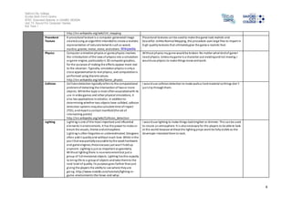 Salford City College 
Eccles Sixth Form Centre 
BTEC Extended Diploma in GAMES DESIGN 
Unit 73: Sound For Computer Games 
IG2 Task 1 
4 
http://en.wikipedia.org/wiki/UV_mapping 
Procedural 
Texture 
A procedural texture is a computer-generated image 
created using an algorithm intended to create a realistic 
representation of natural elements such as wood, 
marbl e, granite, metal, stone, and others. Wikipedia 
Procedural textures can be used to make the game look realistic and 
beautiful. Unlike Normal Mapping, this procedure uses large files to import in 
high quality textures that ultimately give the game a realistic feel. 
Physics Computer animation physics or game physics involves 
the introduction of the laws of physics into a simulation 
or game engine, particularly in 3D computer graphics, 
for the purpose of making the effects appear more real 
to the observer. Typically, simulation physics is only a 
clos e approximation to real physics, and computation is 
performed using discrete values. 
http://en.wikipedia.org/wiki/Game_physics 
Without physics my game would be broken. No matter what kind of game I 
need physics. Unless my game is a character just existing and not moving, I 
would use physics to make things move and work. 
Collision Col l ision detection typically refers to the computational 
problem of detecting the intersection of two or more 
objects. While the topic is most often associated with its 
use in video games and other physical simulations, it 
al so has applications in robotics. In addition to 
determining whether two objects have collided, collision 
detection systems may also calculate time of impact 
(TOI), and report a contact manifold (the set of 
intersecting points) 
http://en.wikipedia.org/wiki/Collision_detection 
I woul d use collision detection to make walls a hard material so things don’t 
jus t cl ip through them. 
Lighting Lighting i s one of the most important and influential 
elements in environments. It has the power to make or 
break the visuals, theme and atmosphere. 
Lighting i s often forgotten or underestimated. Designers 
often add i t quickly and without much love. While in the 
pas t that was partially excusable by the weak hardware 
and game engines, these excuses just won't hold up 
anymore. Lighting is just as important as geometry. 
Without l ighting there is no environment but just a 
group of 3 dimensional objects. Lighting has the capacity 
to bring life to a group of objects and take them to the 
next level of quality. Its purpose goes further than just 
giving the players the ability to see where they are 
going. http://www.moddb.com/tutorials/lighting-in-game- 
environments-the-hows-and-whys 
I would use lighting to make things look brighter or dimmer. This can be used 
to create an atmosphere. It i s also necessary for the players to be able to look 
at the world because without the lighting props wont be fully vi sible as the 
developer intended them to look. 
 