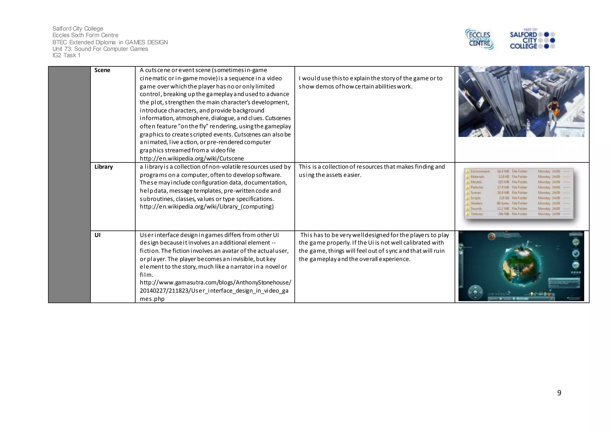 Salford City College 
Eccles Sixth Form Centre 
BTEC Extended Diploma in GAMES DESIGN 
Unit 73: Sound For Computer Games 
IG2 Task 1 
9 
Scene A cuts cene or event scene (sometimes in-game 
cinematic or in-game movie) i s a sequence in a video 
game over which the player has no or only limited 
control , breaking up the gameplay and used to advance 
the plot, s trengthen the main character's development, 
introduce characters, and provide background 
information, atmosphere, dialogue, and clues. Cutscenes 
often feature "on the fly" rendering, using the gameplay 
graphics to create s cripted events. Cutscenes can also be 
animated, l ive action, or pre-rendered computer 
graphics streamed from a video file 
http://en.wikipedia.org/wiki/Cutscene 
I would use this to explain the story of the game or to 
show demos of how certain abilities work. 
Library a l ibrary i s a collection of non-volatile resources used by 
programs on a computer, often to develop software. 
Thes e may include configuration data, documentation, 
help data, message templates, pre-written code and 
subroutines, classes, values or type specifications. 
http://en.wikipedia.org/wiki/Library_(computing) 
Thi s is a collection of resources that makes finding and 
us ing the assets easier. 
UI User interface design in games differs from other UI 
des ign because i t involves an additional element -- 
fiction. The fiction involves an avatar of the actual user, 
or player. The player becomes an invisible, but key 
element to the story, much like a narrator in a novel or 
fi lm. 
http://www.gamasutra.com/blogs/AnthonyStonehouse/ 
20140227/211823/User_interface_design_in_video_ga 
mes .php 
Thi s has to be very well designed for the players to play 
the game properly. If the Ui is not well calibrated with 
the game, things will feel out of sync and that will ruin 
the gameplay and the overall experience. 
 