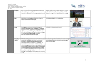 Salford City College 
Eccles Sixth Form Centre 
BTEC Extended Diploma in GAMES DESIGN 
Unit 73: Sound For Computer Games 
IG2 Task 1 
2 
Pre-Alpha Beta is feature and asset complete version of the game, 
when only bugs are being fixed 
http://en.wikipedia.org/wiki/Video_game_development 
An even earlier version of alpha. The game is in a very 
early s tate I could use this release to find out whether 
people like the game and I would carry on developing. 
Gold Gold master is the final game's build that is used as a 
mas ter for production of the game 
I can release the game in i ts finished state. 
Debug Debugging is a methodical process of finding and 
reducing the number of bugs, or defects, in a computer 
program or a piece of electronic hardware, thus making 
i t behave as expected. Debugging tends to be harder 
when various subsystems are tightly coupled, as changes 
in one may cause bugs to emerge in another. 
http://en.wikipedia.org/wiki/Debugging 
I could use this as a behind the scenes 
White-Box 
Testing 
White-box testing (also known as cl ear box testing, glass 
box tes ting, transparent box testing, and structural 
tes ting) is a method of testing software that tests 
internal structures or workings of an application, as 
opposed to i ts functionality (i .e. black-box testing). 
https ://www.google.co.uk/url?sa=t&rct=j&q=&esrc=s&s 
ource=web&cd=2&cad=rja&uact=8&ved=0CCMQFjAB&u 
rl=http%3A%2F%2Fen.wikipedia.org%2Fwiki%2FWhite-box_ 
tes ting&ei=UXUJVNbYPIay7AbJnoDwDg&usg=AFQj 
CNHeMlU1-icHNjTi7Qn-4DdFjcJ-xw& 
s ig2=4AXceUKLgZpLFi7ouaVtHg&bvm=bv.74649129 
,d.d2s 
I coul d test the game’s workability while i ts in a running 
s ta te this would help me find and remove and bugs or 
thi ngs that don’t work. 
 