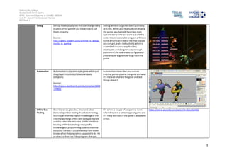 Salford City College 
Eccles Sixth Form Centre 
BTEC Extended Diploma in GAMES DESIGN 
Unit 73: Sound For Computer Games 
IG2 Task 1 
3 
Debug Debug mode usually lets the user change many 
aspects of the game if you know how to use 
them properly. 
Source: 
http://www.answers.com/Q/What_is_debug_ 
mode_in_gaming 
Debug versions of games aren't just early 
vers ions. When you're actually developing 
the game, you typically have two main 
options every time you want to build the 
code into an executable program a Release 
bui ld, which is as close to the final copy as 
you can get, and a Debug build, which is 
as sembled in such a way that lets 
developers and designers step through 
portions of the code easier, to figure out 
problems de-bug remove bugs from the 
game. 
Automation Automation i s a tycoon-style game which put 
the player in control of their own auto 
company. 
Source: 
http://www.giantbomb.com/automation/3030 
-37803/ 
Automation shows that you can see 
another person playing the game and what 
i t’s l ike a nd what are the good and bad 
things about i t. 
White-Box 
Testing 
Al so known as glass box, structural, clear 
box and open box testing. A software testing 
technique whereby explicit knowledge of the 
internal workings of the item being tested are 
used to s elect the test data. Unlike black box 
tes ting, white box testing uses specific 
knowledge of programming code to examine 
outputs. The test is accurate only i f the tester 
knows what the program i s supposed to do. He 
or she can then see if the program diverges 
It’s where a couple of people i n a room 
when they test a certain type of game and 
i t’s l ike a test data if the game i s acceptable 
or not. 
https ://www.youtube.com/watch?v=3bJcvBLJViQ 
 
