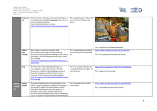 Salford City College 
Eccles Sixth Form Centre 
BTEC Extended Diploma in GAMES DESIGN 
Unit 73: Sound For Computer Games 
IG2 Task 1 
4 
Automati 
on 
The technique, method, or system of operating or co 
ntrol ling aprocess by highly automatic means, as by el 
ectronic devices, reducing 
human intervention to a minimum. 
http://dictionary.reference.com/browse/automation 
Thi s is good because it allows the 
user to do other things more 
easily. 
Thi s is a game that has been automated. 
White- 
Box 
Testing 
Al so known as glass box, structural, clear 
box and open box testing. A software testing 
technique whereby explicit knowledge of the internal 
workings of the item being tested are used to select 
the tes t data. 
http://www.webopedia.com/TERM/W/White_Box_T 
es ting.html 
Thi s is good because we need to 
tes t what system i t will be used 
on. 
https ://www.youtube.com/watch?v=3bJcvBLJViQ 
Thi s is an explanation of white game testing. 
Bug The dark side of Good Bad Bugs (though not 
necessarily mutually exclusive) and a Gri efer's 
favourite variety, Game Breaking Bugs are severe 
bugs that cripple your ability to play the game 
i nvol ved. They’re almost as old as gaming i tself. 
http://tvtropes.org/pmwiki/pmwiki.php/Main/Game 
BreakingBug 
Thi s is an important thing as the 
less bugs the better the game can 
work properly. 
https ://www.youtube.com/watch?v=yBmo9m2z574 
Thi s is a game that has a bug. 
GAME 
ENGIN 
ES 
Vertex 
Shader 
A programmable function in display adapters that 
offers a graphics application programmer flexibility in 
rendering an image. The vertex shader is used to 
trans form the attributes of vertices (points of a 
triangle) such as colour, texture, position and 
di rection from the original colour space to the display 
space. It allows the original objects to be distorted or 
Thi s technique can be used to 
model faces. 
https ://www.youtube.com/watch?v=Sbw4DQnzOkI 
Thi s is a program that uses vertex shader. 
 