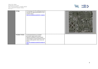 Salford City College 
Eccles Sixth Form Centre 
BTEC Extended Diploma in GAMES DESIGN 
Unit 73: Sound For Computer Games 
IG2 Task 1 
8 
UV Map UV mapping is the 3D modelling process of 
making a 2D image representation of a 3D 
model's surface. 
http://en.wikipedia.org/wiki/UV_mapping 
Procedural Texture A procedural texture is a computer-generated 
image created using an 
algorithm intended to create a realistic 
representation of natural elements such as 
wood, marble, granite, metal, stone, and 
others . 
http://en.wikipedia.org/wiki/Procedural_te 
xture 
 