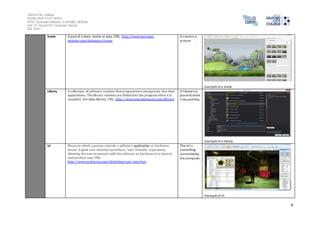 Salford City College 
Eccles Sixth Form Centre 
BTEC Extended Diploma in GAMES DESIGN 
Unit 73: Sound For Computer Games 
IG2 Task 1 
9 
Scene A part of a story, movie or play, URL: http://www.merriam-webster. 
com/dictionary/scene 
A s cene is a 
picture. 
Example of a scene 
Library A collection of software routines that programmers incorporate into their 
applications. The library routines are linked into the program when it is 
compiled. See class library, URL: http://www.yourdictionary.com/library 
A l ibrary i s a 
place to store 
l inks and files. 
Example of a library 
UI Means in which a person controls a software application or hardware 
device. A good user interface provides a "user-friendly" experience, 
allowing the user to interact with the software or hardware in a natural 
and intuitive way, URL: 
http://www.techterms.com/definition/user_interface 
The UI i s 
something 
control led by 
the computer. 
Example of UI 
 