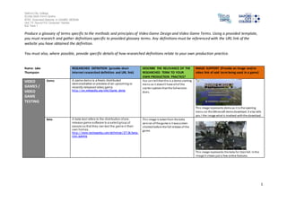 Salford City College
Eccles Sixth Form Centre
BTEC Extended Diploma in GAMES DESIGN
Unit 73: Sound For Computer Games
IG2 Task 1
1
Produce a glossary of terms specific to the methods and principles of Video Game Design and Video Game Terms. Using a provided template,
you must research and gather definitions specific to provided glossary terms. Any definitions must be referenced with the URL link of the
website you have obtained the definition.
You must also, where possible, provide specific details of how researched definitions relate to your own production practice.
Name: Jake
Thompson
RESEARCHED DEFINITION (provide short
internet researched definition and URL link)
DESCRIBE THE RELEVANCE OF THE
RESEARCHED TERM TO YOUR
OWN PRODUCTION PRACTICE?
IMAGE SUPPORT (Provide an image and/or
video link of said term being used in a game)
VIDEO
GAMES /
VIDEO
GAME
TESTING
Demo A game demo is a freely distributed
demonstration or preview of an upcoming or
recently released video game.
http://en.wikipedia.org/wiki/Game_demo
You can tell that this is a demostarting
menu as it doesn’t have allof the
starter options that the fullversion
does.
This image represents demoas it is the opening
menu on the Minecraft demodownload. It also tells
you I the image what is involved withthe download.
Beta A beta test refers to the distribution of pre-
release game software to a selectgroup of
people so that they can test the game in their
own homes.
http://www.techopedia.com/definition/27136/beta-
test-gaming
This image is takenfrom the beta
version ofthe game is it wasscreen
shotted before the full release of the
game.
This image represents the beta for titanfall. Inthe
image it shows just a few online features.
 