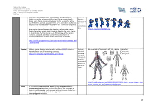 Salford City College
Eccles Sixth Form Centre
BTEC Extended Diploma in GAMES DESIGN
Unit 73: Sound For Computer Games
IG2 Task 1
12
sequence of frames makes an animation. Each frame is
displayed on the screen until the next frame overwrites it.
Since each frame remains displayed on the screen for a tiny
but finite time period, you can think of an animation as frames
displayed at discreet intervals of time in a continued sequence.
Any scene change happens by drawing a whole new frame.
Even changing a single pixel requires drawing the next frame
in its entirety. Furthermore, even if the image of the scene
remains constant, identical content must be drawn in
subsequent frames as long as the still scene is needed.
http://www.cprogramming.com/tutorial/animation/frames_and
_layers.html
onlyhas 4
frames
because it
is
unnoticea
ble.
http://i.imgur.com/Q1OQM.png
Concept Video game design starts with an idea,[4][5][6][7]
often a
modification on an existing concept.
https://en.wikipedia.org/wiki/Video_game_design
Before I
started
building
my level
I’ve made
a quick
concept of
what it is
going to
look.
An example of concept art for a game character.
http://img00.deviantart.net/942b/i/2016/017/3/a/_feora__armor_design__cha
racter_concept_art_by_luigipunch-d9o9qry.png
Event In computer programming, event-driven programming is
a programmingparadigm in which the flow of the program is
determined byevents such as user actions (mouse clicks,key
presses),sensor outputs,or messages from
otherprograms/threads.
 