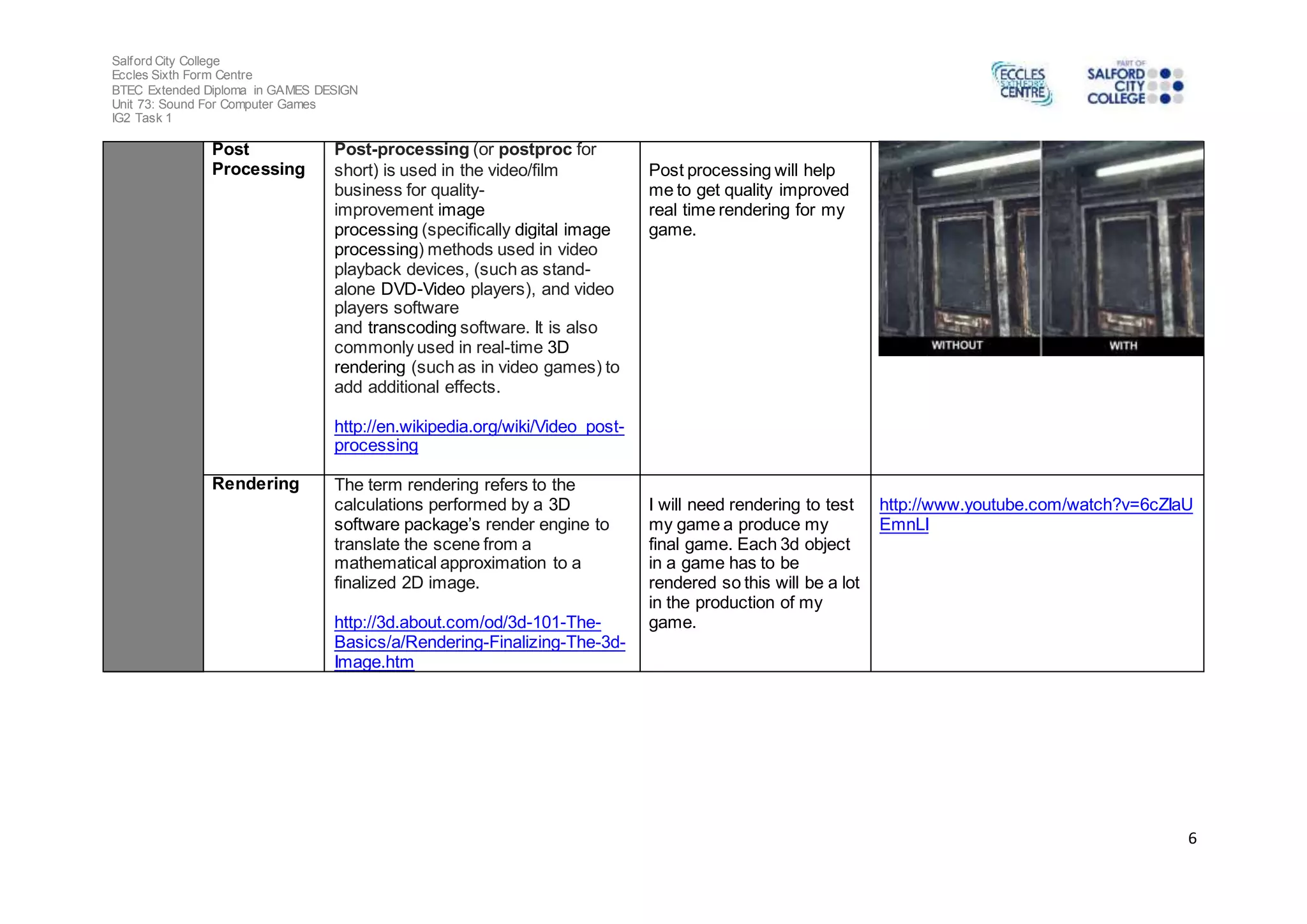 Salford City College 
Eccles Sixth Form Centre 
BTEC Extended Diploma in GAMES DESIGN 
Unit 73: Sound For Computer Games 
IG2 Task 1 
6 
Post 
Processing 
Post-processing (or postproc for 
short) is used in the video/film 
business for quality-improvement 
image 
processing (specifically digital image 
processing) methods used in video 
playback devices, (such as stand-alone 
DVD-Video players), and video 
players software 
and transcoding software. It is also 
commonly used in real-time 3D 
rendering (such as in video games) to 
add additional effects. 
http://en.wikipedia.org/wiki/Video_post-processing 
Post processing will help 
me to get quality improved 
real time rendering for my 
game. 
Rendering The term rendering refers to the 
calculations performed by a 3D 
software package’s render engine to 
translate the scene from a 
mathematical approximation to a 
finalized 2D image. 
http://3d.about.com/od/3d-101-The- 
Basics/a/Rendering-Finalizing-The-3d- 
Image.htm 
I will need rendering to test 
my game a produce my 
final game. Each 3d object 
in a game has to be 
rendered so this will be a lot 
in the production of my 
game. 
http://www.youtube.com/watch?v=6cZIaU 
EmnLI 
 