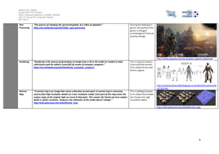 Salford City College
Eccles Sixth Form Centre
BTEC Extended Diploma in GAMES DESIGN
Unit 73: Sound For Computer Games
IG2 Task 1
6
Post
Processing
“The process of changing the perceivedquality of a video on playback.”
https://en.wikipedia.org/wiki/Video_post-processing
During the loadingof a
game, the qualityof the
game is changed
accordinglyto fit the set
qualitysettings.
http://www.pcgamer.com/pc-graphics-options-explained/
Rendering “Rendering is the process of generating an image from a 2D or 3D model (or models in what
collectively could be called a scene file) by means of computer programs.”
https://en.wikipedia.org/wiki/Rendering_(computer_graphics)
This is used to create a
cleanandfinal version
of an object to be used
within a game.
http://adamjmattisunit66.blogspot.co.uk/2013/01/constraints
-of-3d.html
Normal
Map
“A normal map is an image that stores a direction at each pixel. A normal map is commonly
used to fake high-resolution details on a low-resolution model. Each pixel of the map stores the
surface slope of the original high-res mesh at that point. This creates the illusion of more surface
detail or better curvature. However, the silhouette of the model doesn't change.”
http://wiki.polycount.com/wiki/Normal_map
This is adding a texture
to an object that creates
the illusion ofa high
resolution object.
http://wiki.polycount.com/wiki/Normal_map
 
