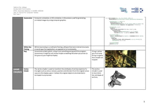 Salford City College 
Eccles Sixth Form Centre 
BTEC Extended Diploma in GAMES DESIGN 
Unit 73: Sound For Computer Games 
IG2 Task 1 
3 
Automation Computer animation, or CGI animation, is the process used for generating 
animated images by using computer graphics. 
White-Box 
Testing 
White-box testing i s a method of testing software that tests internal structures 
or workings of an application, as opposed to its functionality. 
Bug Sometimes called a glitch, a bug is just something wrong with the program. 
Sometimes i t might be not s erious maybe something like when you prone on 
the ground, you might be display 
A bug i s when 
you find some 
thing in a game 
that should not 
happen 
GAME 
ENGINES 
Vertex 
Shader 
The vertex shader i s used to transform the attributes of vertices (points of a 
triangle) such as colour, texture, position and direction from the original colour 
space to the display space. It allows the original objects to be distorted or 
reshaped in any manner. 
The vertex 
shader is used 
to trans form 
the attributes of 
vertices 
 