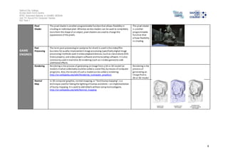 Salford City College 
Eccles Sixth Form Centre 
BTEC Extended Diploma in GAMES DESIGN 
Unit 73: Sound For Computer Games 
IG2 Task 1 
4 
GAME 
ENGINES 
Pixel 
Shader 
The pixel shader is another programmable function that allows flexibility in 
shading an individual pixel. Whereas vertex shaders can be used to completely 
trans form the shape of an object, pixel shaders are used to change the 
appearance of the pixels. 
The pixel shader 
i s another 
programmable 
function that 
al lows flexibility 
in shading 
Post 
Processing 
The term post-processing (or postproc for short) is used in the video/film 
bus iness for quality-improvement image processing (specifically digital image 
processing) methods used in video playback devices, (such as s tand-alone DVD-Video 
players), and video players software and transcoding software. It is also 
commonly used in real-time 3D rendering (such as in video games) to add 
additional effects. 
Rendering 
Rendering is the process of generating an image from a 2D or 3D model (or 
models in what collectively could be called a s cene file), by means of computer 
programs. Also, the results of such a model can be called a rendering. 
http://en.wikipedia.org/wiki/Rendering_(computer_graphics) 
Rendering is the 
process of 
generating an 
image from a 
2D or 3D model 
Normal 
Map 
In 3D computer graphics, normal mapping, or "Dot3 bump mapping", i s a 
technique used for faking the lighting of bumps and dents – an implementation 
of bump mapping. It i s used to add details without using more polygons. 
http://en.wikipedia.org/wiki/Normal_mapping 
 