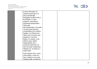 Salford City College 
Eccles Sixth Form Centre 
BTEC Extended Diploma in GAMES DESIGN 
Unit 73: Sound For Computer Games 
IG2 Task 1 
19 
to all its child nodes; an 
operation performed on a 
group automatically 
propagates its effect to all of 
its members. In many 
programs, associating a 
geometrical transformation 
matrix (see 
also transformation and matrix 
) at each group level and 
concatenating such matrices 
together is an efficient and 
natural way to process such 
operations. A common 
feature, for instance, is the 
ability to group related 
shapes/objects into a 
compound object that can 
then be moved, transformed, 
selected, etc. as easily as a 
single object. 
It also happens that in some 
scene graphs, a node can 
have a relation to any node 
including itself, or at least an 
 