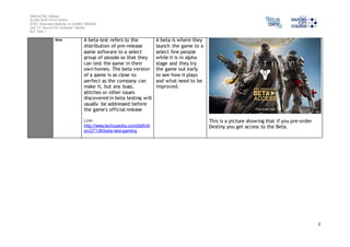 Salford City College 
Eccles Sixth Form Centre 
BTEC Extended Diploma in GAMES DESIGN 
Unit 73: Sound For Computer Games 
IG2 Task 1 
2 
Beta A beta test refers to the 
distribution of pre-release 
game software to a select 
group of people so that they 
can test the game in their 
own homes. The beta version 
of a game is as close to 
perfect as the company can 
make it, but any bugs, 
glitches or other issues 
discovered in beta testing will 
usually be addressed before 
the game's official release 
Link-http:// 
www.techopedia.com/definiti 
on/27136/beta-test-gaming 
A beta is where they 
launch the game to a 
select few people 
while it is in alpha 
stage and they try 
the game out early 
to see how it plays 
and what need to be 
improved. 
This is a picture showing that if you pre-order 
Destiny you get access to the Beta. 
 