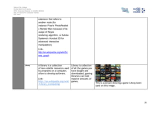 Salford City College 
Eccles Sixth Form Centre 
BTEC Extended Diploma in GAMES DESIGN 
Unit 73: Sound For Computer Games 
IG2 Task 1 
20 
extension that refers to 
another node (for 
instance Pixar's PhotoRealisti 
c Render Man because of its 
usage of Reyes 
rendering algorithm, or Adobe 
Systems's Acrobat 3D for 
advanced interactive 
manipulation). 
Link-http:// 
en.wikipedia.org/wiki/Sc 
ene_graph 
Library A library is a collection 
of non-volatile resources used 
by programs on a computer, 
often to develop software. 
Link-http:// 
en.wikipedia.org/wiki 
/Library_(computing) 
Library is collection 
of all the games you 
have bought and 
downloaded, gaming 
libraries can hold 
massive amounts of 
games. 
This is a picture showing a game Libray been 
used on this image. 
 