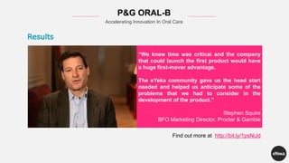 Results
“We knew time was critical and the company
that could launch the first product would have
a huge first-mover advantage.
The eYeka community gave us the head start
needed and helped us anticipate some of the
problems that we had to consider in the
development of the product.”
Stephen Squire
BFO Marketing Director, Procter & Gamble
P&G ORAL-B
Accelerating Innovation In Oral Care
Find out more at http://bit.ly/1psNiJd
 