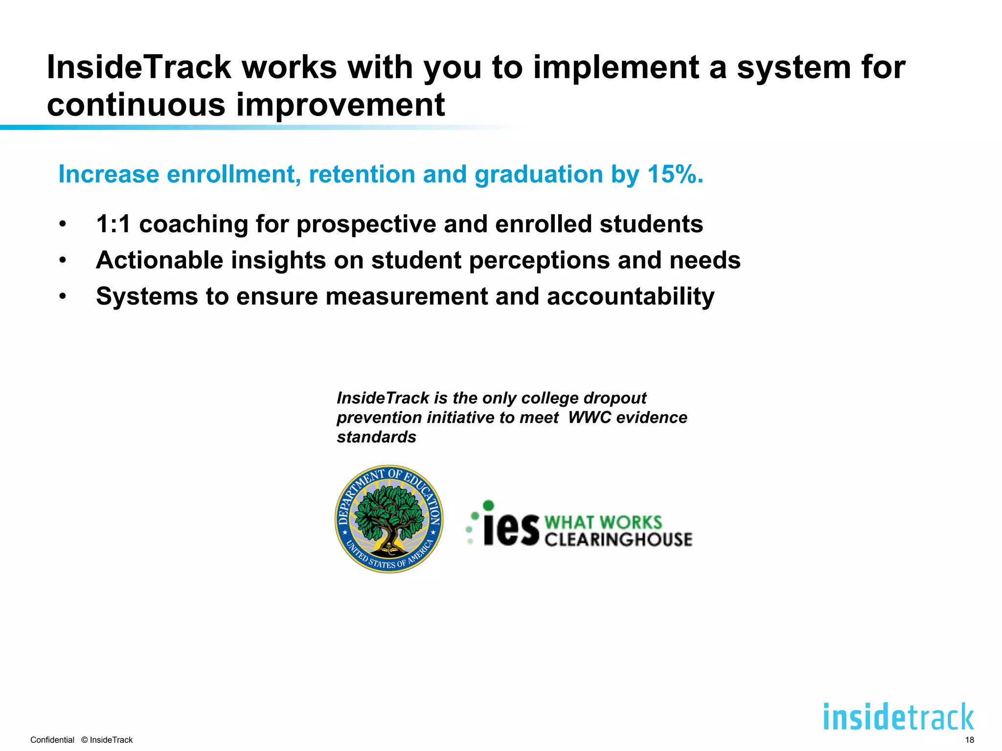 InsideTrack works with you to implement a system for 
continuous improvement 
Increase enrollment, retention and graduation by 15%. 
• 1:1 coaching for prospective and enrolled students 
• Actionable insights on student perceptions and needs 
• Systems to ensure measurement and accountability 
InsideTrack is the only college dropout 
prevention initiative to meet WWC evidence 
standards 
Confidential © InsideTrack 18 
 
