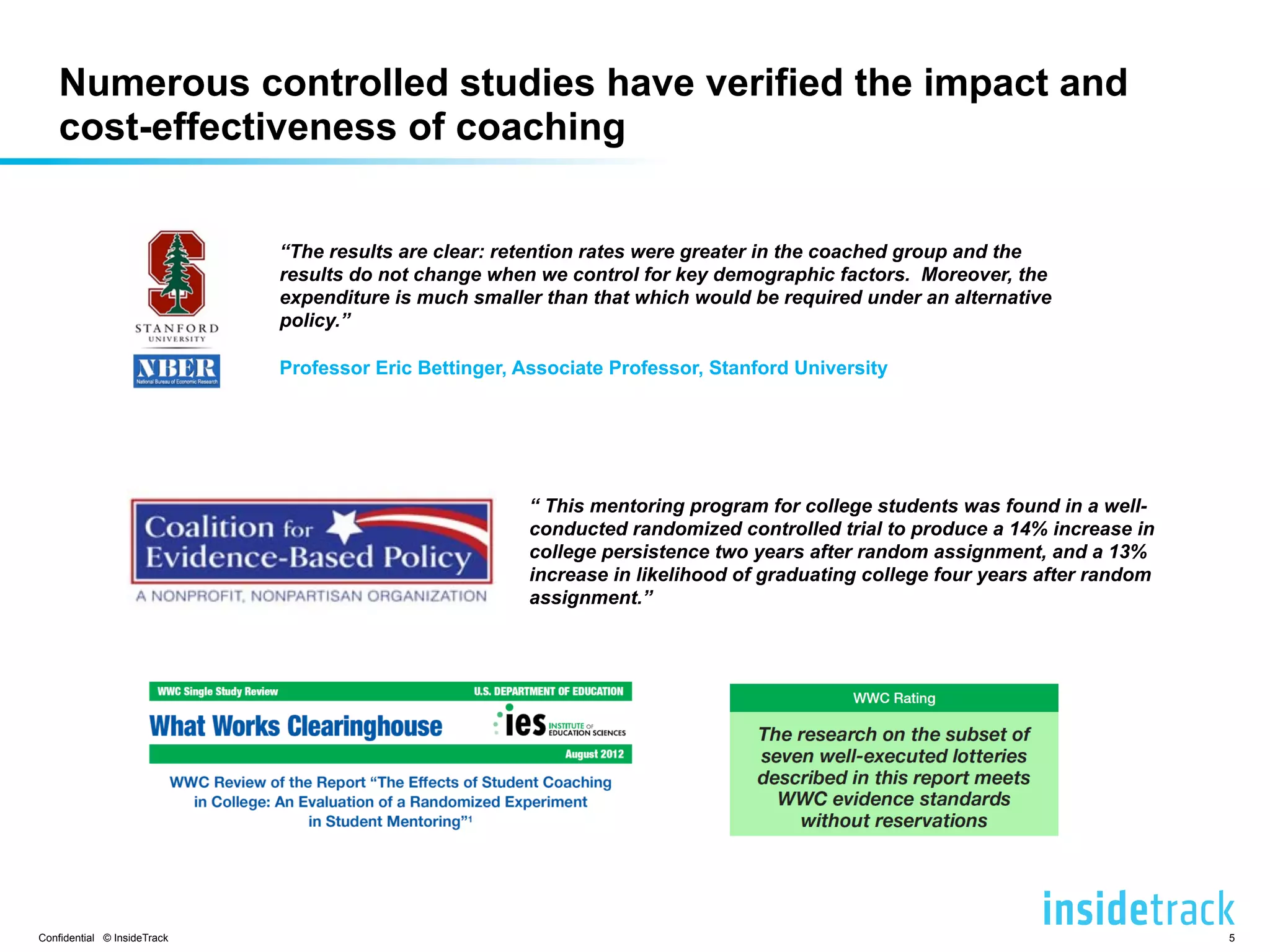 Numerous controlled studies have verified the impact and 
cost-effectiveness of coaching 
“The results are clear: retention rates were greater in the coached group and the 
results do not change when we control for key demographic factors. Moreover, the 
expenditure is much smaller than that which would be required under an alternative 
policy.” 
Professor Eric Bettinger, Associate Professor, Stanford University 
“ This mentoring program for college students was found in a well-conducted 
randomized controlled trial to produce a 14% increase in 
college persistence two years after random assignment, and a 13% 
increase in likelihood of graduating college four years after random 
assignment.” 
Confidential © InsideTrack 5 
 