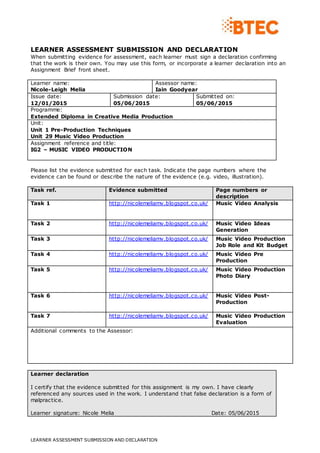 LEARNER ASSESSMENT SUBMISSION AND DECLARATION
LEARNER ASSESSMENT SUBMISSION AND DECLARATION
When submitting evidence for assessment, each learner must sign a declaration confirming
that the work is their own. You may use this form, or incorporate a learner declaration into an
Assignment Brief front sheet.
Learner name:
Nicole-Leigh Melia
Assessor name:
Iain Goodyear
Issue date:
12/01/2015
Submission date:
05/06/2015
Submitted on:
05/06/2015
Programme:
Extended Diploma in Creative Media Production
Unit:
Unit 1 Pre-Production Techniques
Unit 29 Music Video Production
Assignment reference and title:
IG2 – MUSIC VIDEO PRODUCTION
Please list the evidence submitted for each task. Indicate the page numbers where the
evidence can be found or describe the nature of the evidence (e.g. video, illustration).
Task ref. Evidence submitted Page numbers or
description
Task 1 http://nicolemeliamv.blogspot.co.uk/ Music Video Analysis
Task 2 http://nicolemeliamv.blogspot.co.uk/ Music Video Ideas
Generation
Task 3 http://nicolemeliamv.blogspot.co.uk/ Music Video Production
Job Role and Kit Budget
Task 4 http://nicolemeliamv.blogspot.co.uk/ Music Video Pre
Production
Task 5 http://nicolemeliamv.blogspot.co.uk/ Music Video Production
Photo Diary
Task 6 http://nicolemeliamv.blogspot.co.uk/ Music Video Post-
Production
Task 7 http://nicolemeliamv.blogspot.co.uk/ Music Video Production
Evaluation
Additional comments to the Assessor:
Learner declaration
I certify that the evidence submitted for this assignment is my own. I have clearly
referenced any sources used in the work. I understand that false declaration is a form of
malpractice.
Learner signature: Nicole Melia Date: 05/06/2015
 