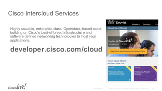 © 2015 Cisco and/or its affiliates. All rights reserved. Cisco PublicPresentation ID
Cisco Intercloud Services
Highly scalable, enterprise class, Openstack-based cloud;
building on Cisco’s best-of-breed infrastructure and
software defined networking technologies to host your
applications.
developer.cisco.com/cloud
20
 